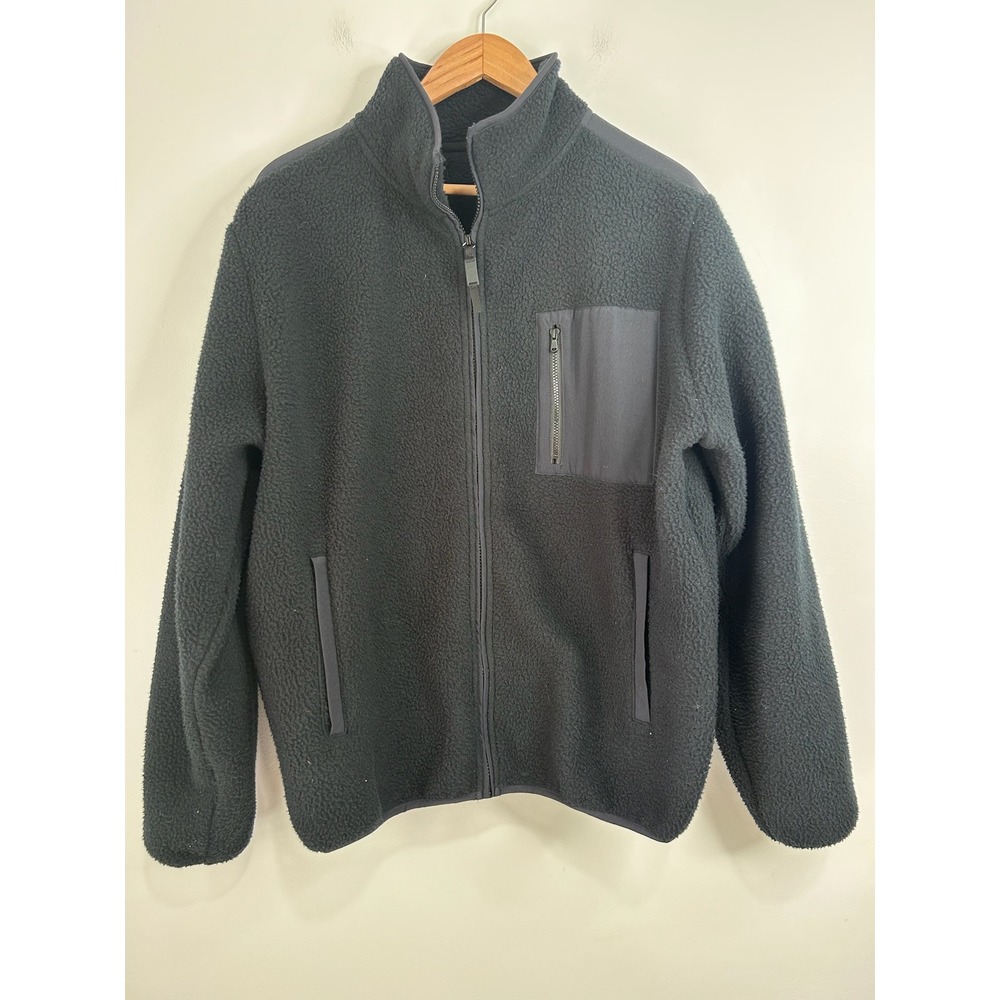 Fabletics Mens Sherpa Fleece Full Zip Jacket Black Mock Neck Sz L Warm Thermal